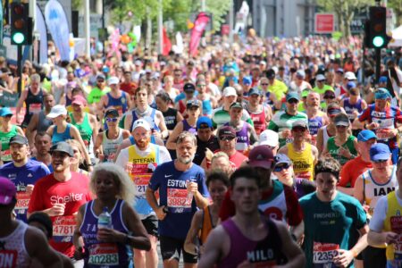 Massed runners on the Isle of Dogs running in the London Marathon